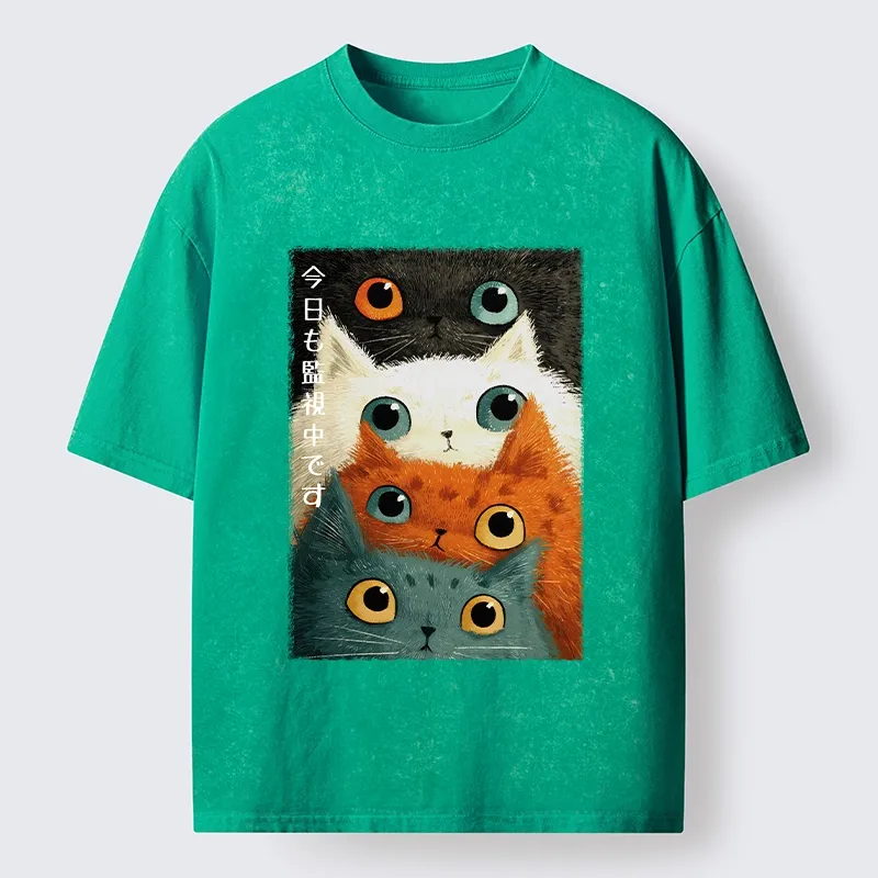 Tokyo-Tiger Watching Stacked Cats Washed T-Shirt