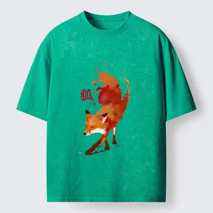 Tokyo-Tiger Watercolor Red Fox Art Washed T-Shirt