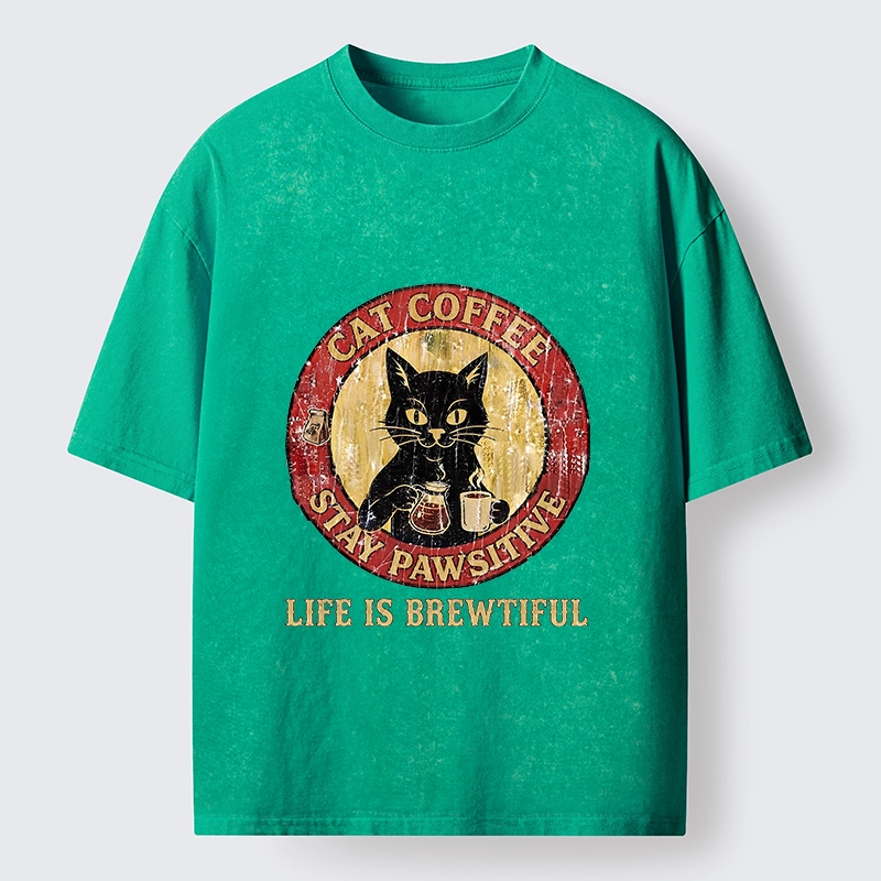 Tokyo-Tiger Cat Coffee Positive Vibes Washed T-Shirt