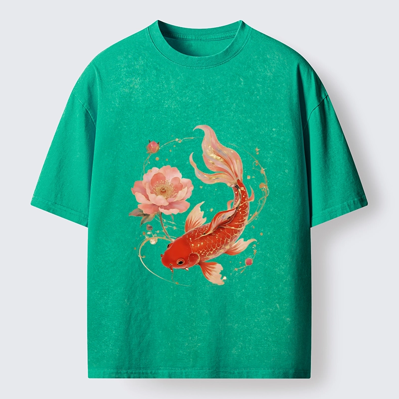 Tokyo-Tiger Lucky Koi Peony Art Washed T-Shirt