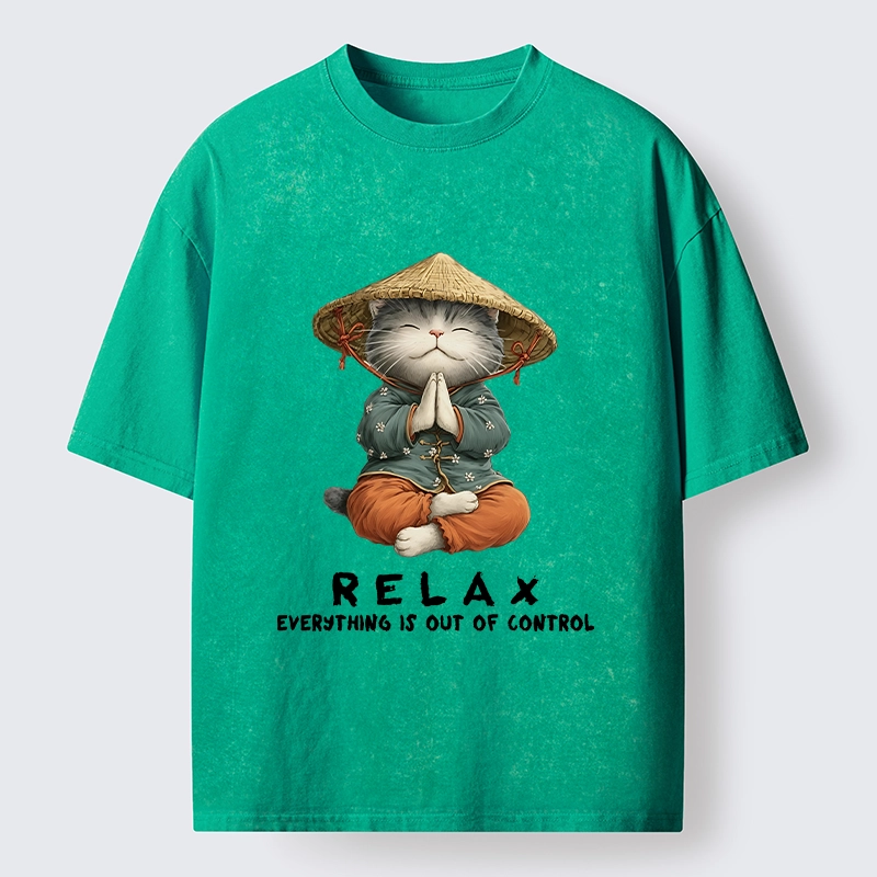 Tokyo-Tiger Zen Relax Cat Graphic Washed T-Shirt