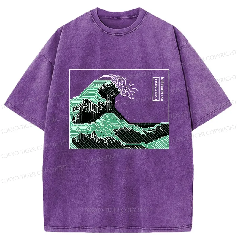 Tokyo-Tiger Wave Of Circuit Board Washed T-Shirt