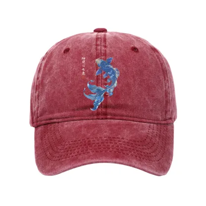 Tokyo-Tiger Lucky Blue Koi Fish Art Washed Cap