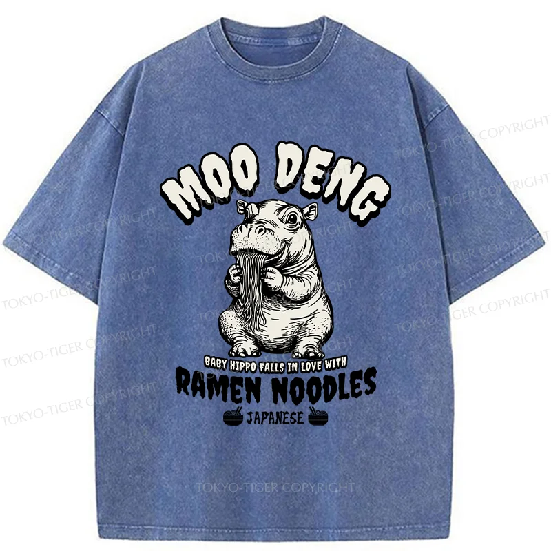Tokyo-Tiger Moo Deng Eating Ramen Funny Washed T-Shirt