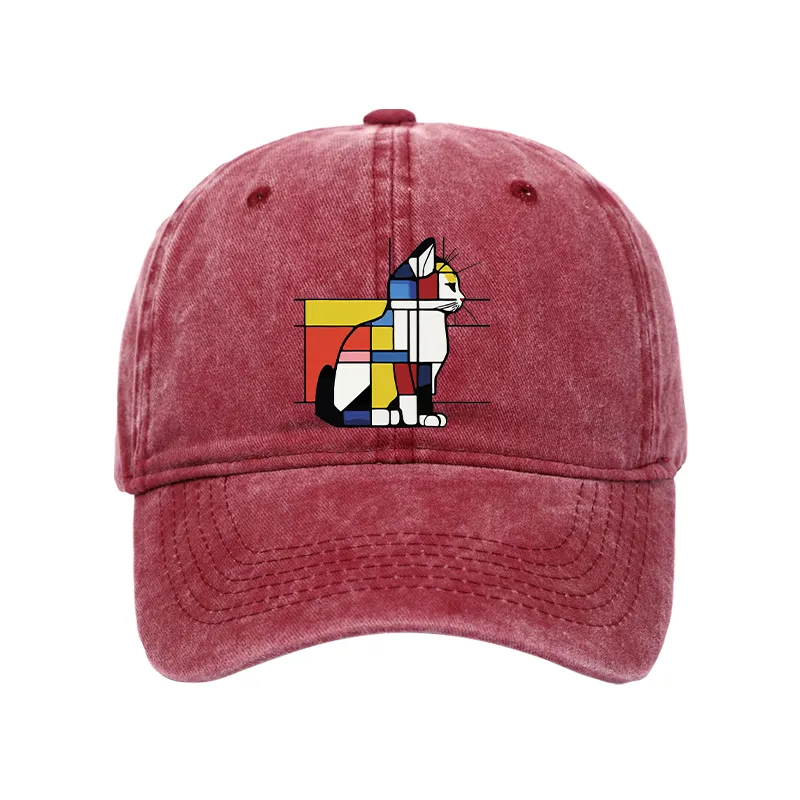 Tokyo-Tiger Geometric Cat Art In Primary Colors Washed Cap