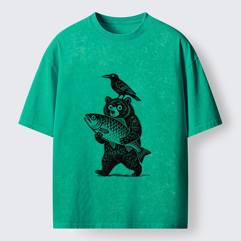 Tokyo-Tiger Bear Fish Crow Print Washed T-Shirt