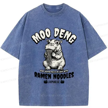 Tokyo-Tiger Moo Deng Eating Ramen Funny Washed T-Shirt