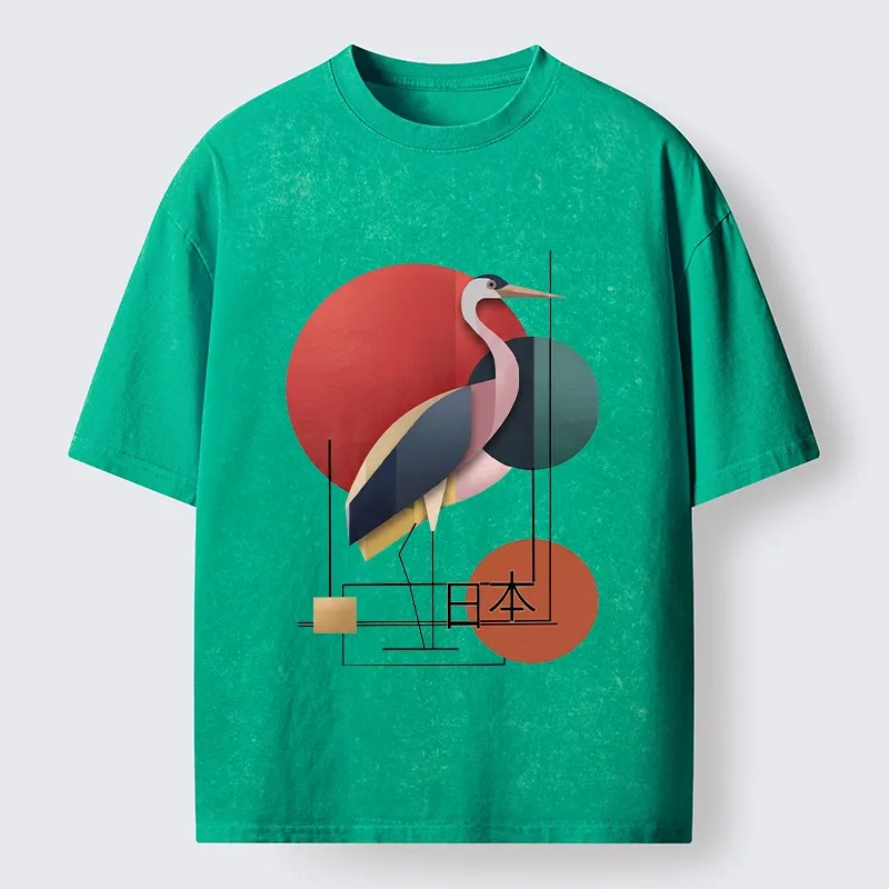 Tokyo-Tiger Geometric Crane Art Washed T-Shirt