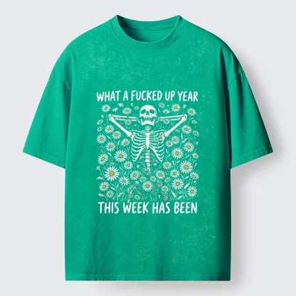 Tokyo-Tiger Bad Week Skeleton Quote Washed T-Shirt