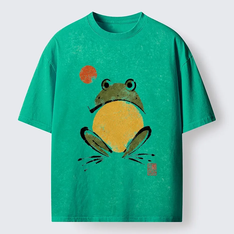 Tokyo-Tiger Ink Style Frog Art Washed T-Shirt