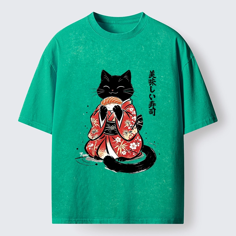 Tokyo-Tiger Sushi Loving Black Cat Washed T-Shirt