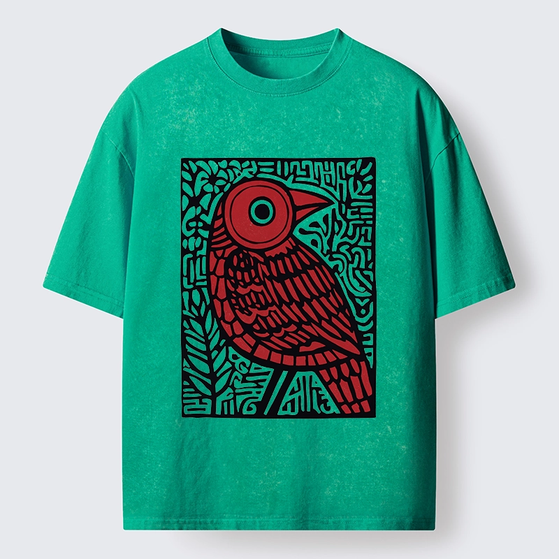 Tokyo-Tiger Retro Woodblock Bird Washed T-Shirt