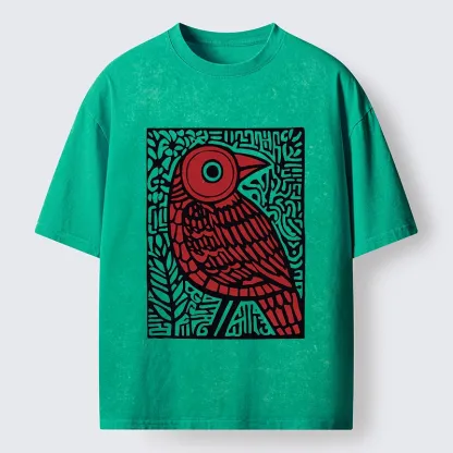 Tokyo-Tiger Retro Woodblock Bird Washed T-Shirt