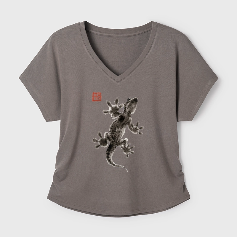 Tokyo-Tiger Minimal Asian Ink Brush Gecko Vibe Modal Dolman Sleeve T-Shirt