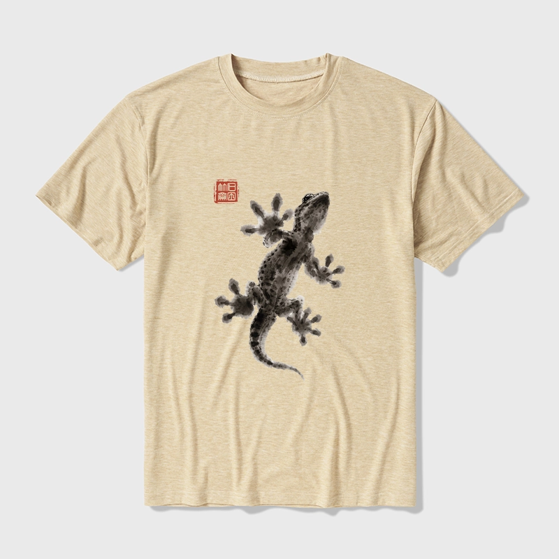 Tokyo-Tiger Minimal Asian Ink Brush Gecko Vibe Cotton Blend T-Shirt