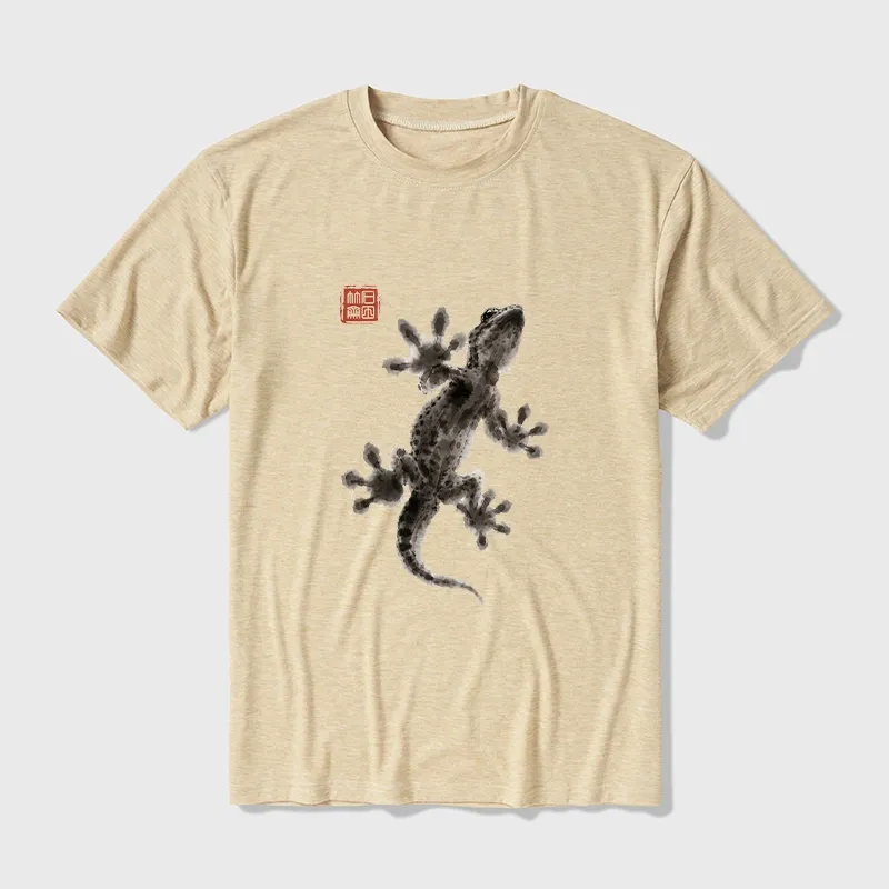Tokyo-Tiger Minimal Asian Ink Brush Gecko Vibe Cotton Blend T-Shirt