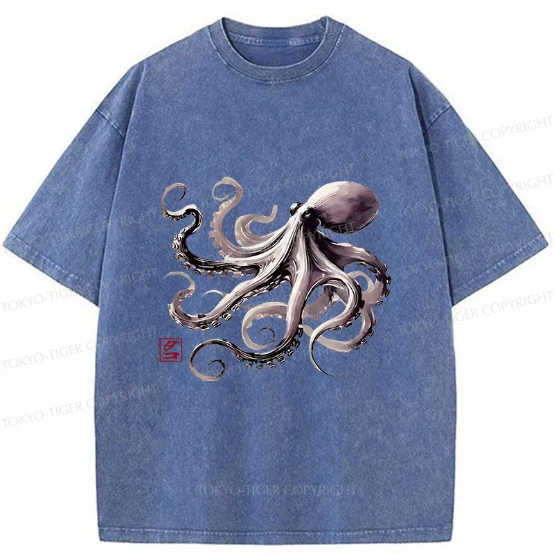 Tokyo-Tiger Retro Japanese Octopus Washed T-Shirt