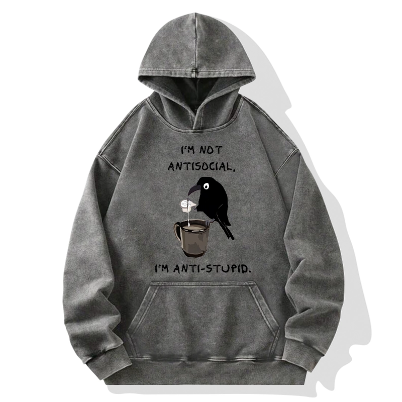 Tokyo-Tiger Cool Crow Sips Calm Coffee Alone Washed Hoodie