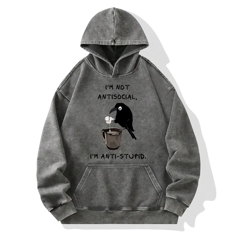 Tokyo-Tiger Cool Crow Sips Calm Coffee Alone Washed Hoodie