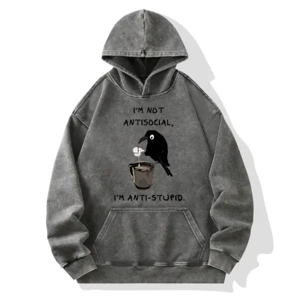 Tokyo-Tiger Cool Crow Sips Calm Coffee Alone Washed Hoodie