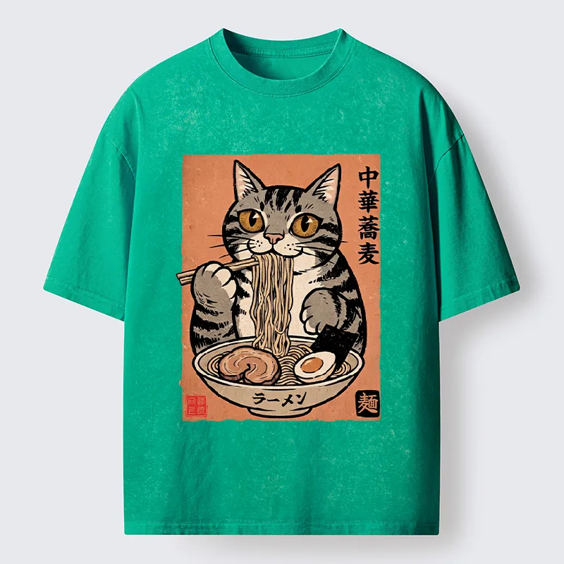 Tokyo‑Tiger Tanuki Eating Ramen Washed T-Shirt