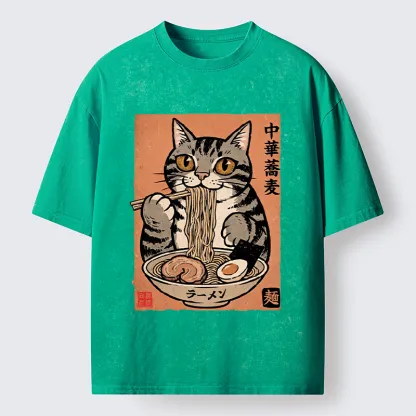 Tokyo‑Tiger Tanuki Eating Ramen Washed T-Shirt