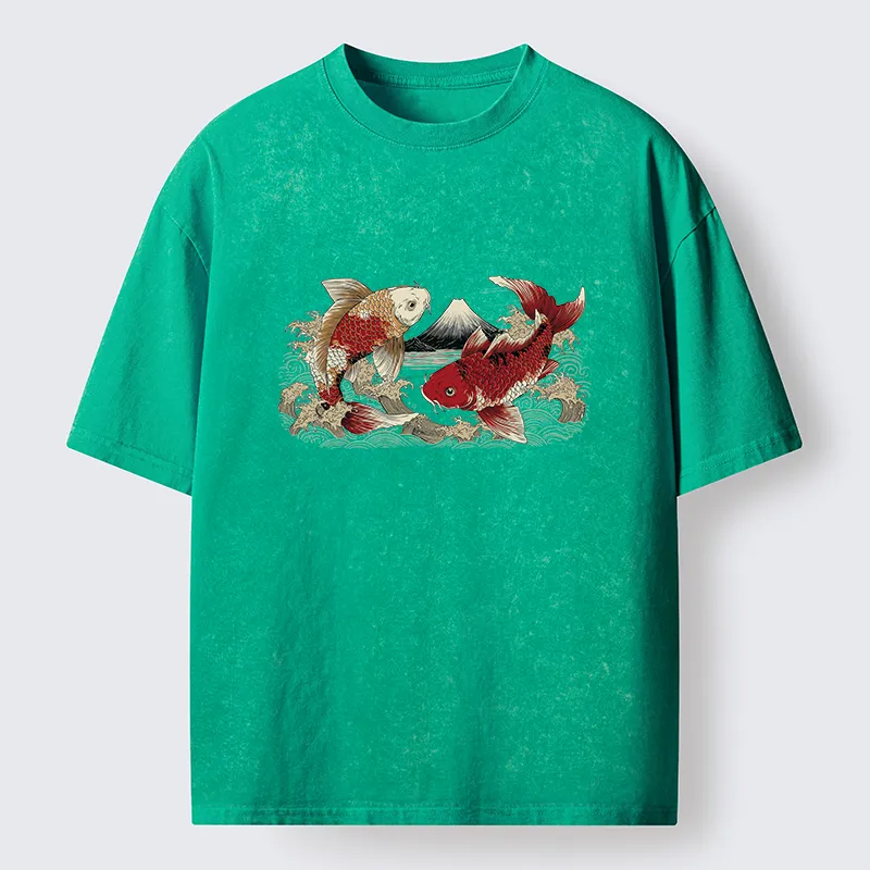 Tokyo‑Tiger Koi And Mount Fuji Washed T-Shirt