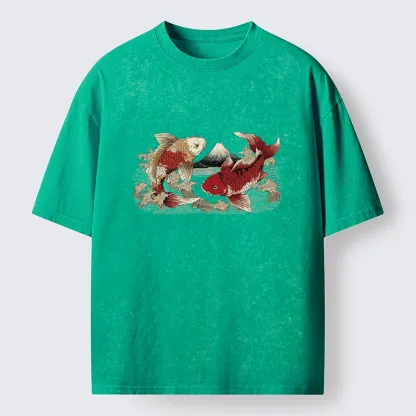 Tokyo‑Tiger Koi And Mount Fuji Washed T-Shirt