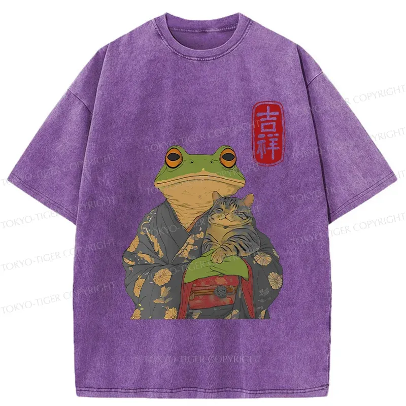 Tokyo-Tiger Frog Hugging Cat Washed T-Shirt