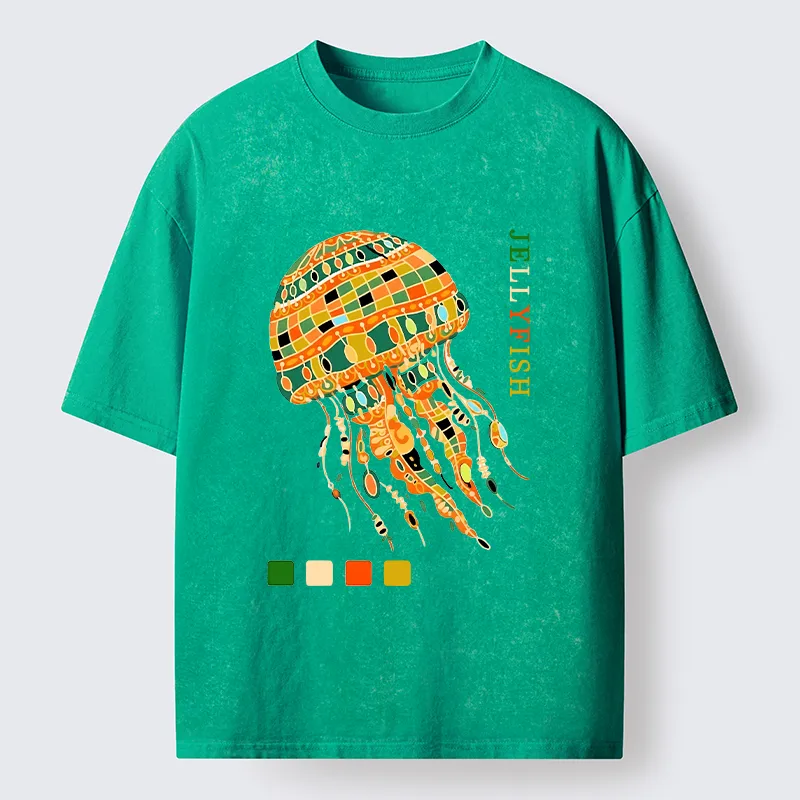Tokyo‑Tiger Jellyfish Painting Art Washed T-Shirt