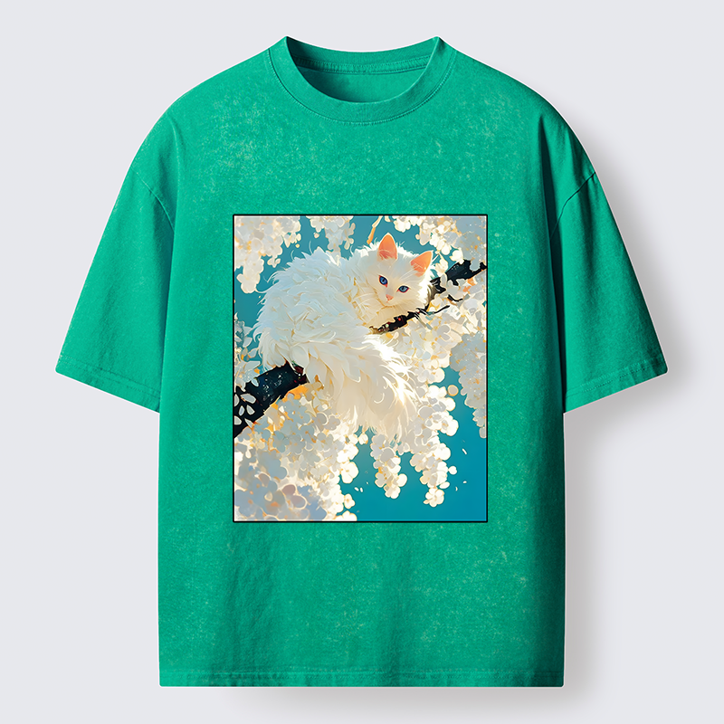 Tokyo‑Tiger Beautiful White Cat Art Washed T-Shirt