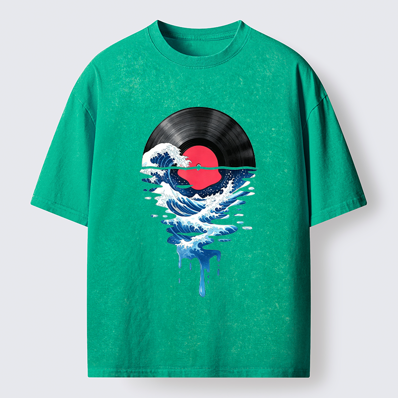 Tokyo‑Tiger Vinyl Records And Waves Washed T-Shirt