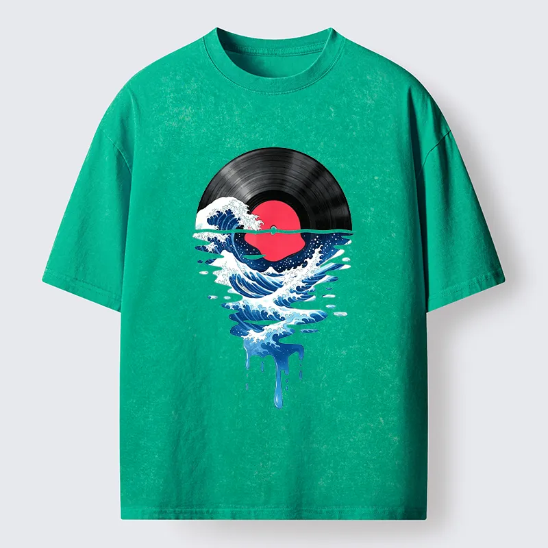 Tokyo‑Tiger Vinyl Records And Waves Washed T-Shirt