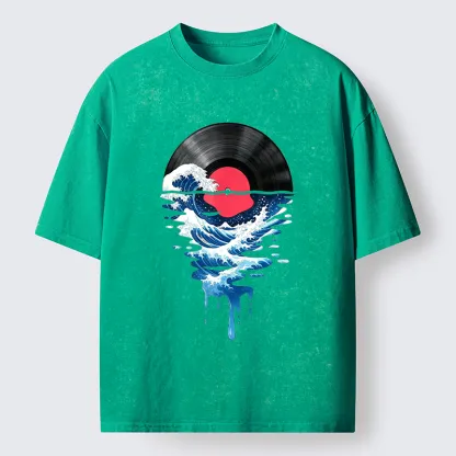 Tokyo‑Tiger Vinyl Records And Waves Washed T-Shirt