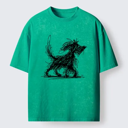 Tokyo‑Tiger Dog Line Drawing Washed T-Shirt
