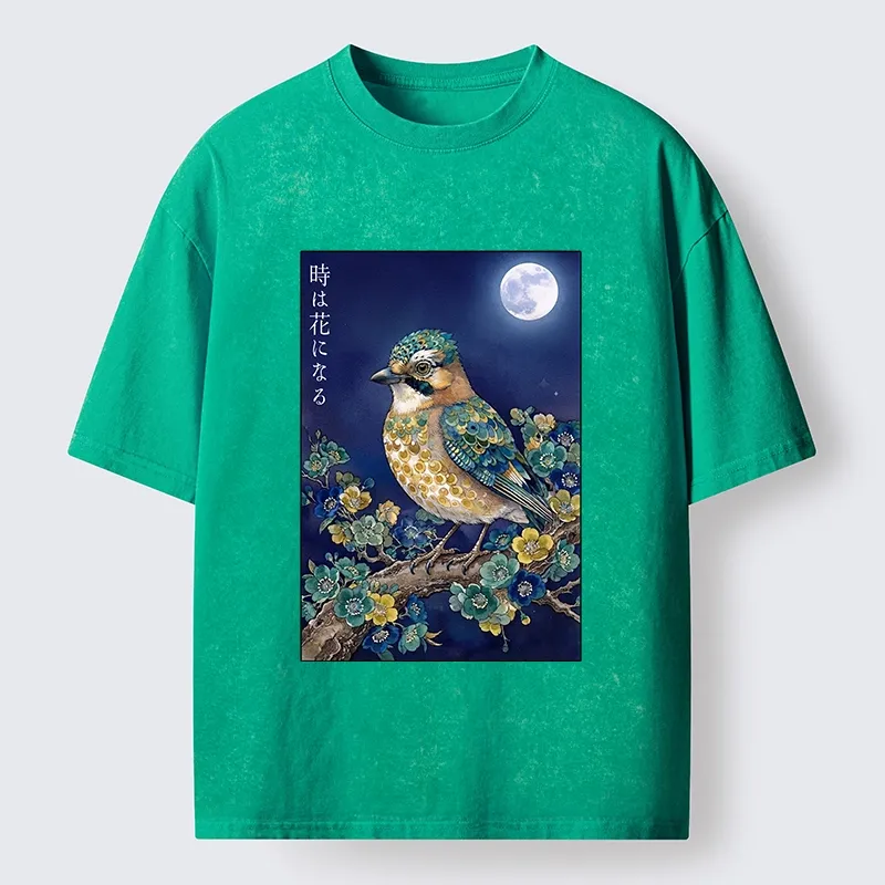 Tokyo-Tiger Moon Bird Floral Retro Art Washed T-Shirt