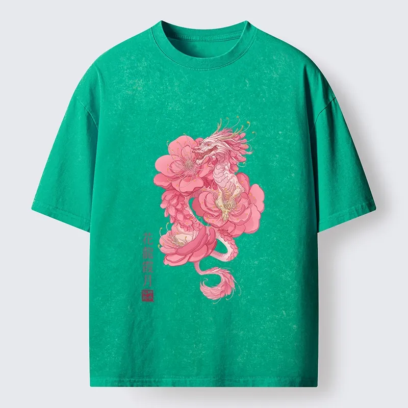 Tokyo-Tiger Pink Flower Dragon Washed T-Shirt