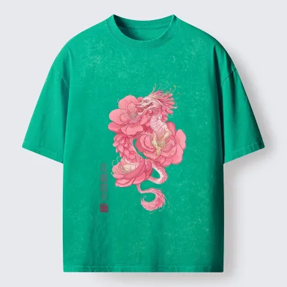 Tokyo-Tiger Pink Flower Dragon Washed T-Shirt