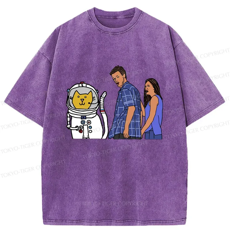 Tokyo-Tiger Funny Astronaut Cat Washed T-Shirt
