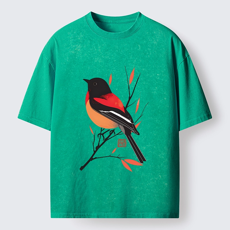Tokyo‑Tiger Oriental Bird Graphic Washed T‑Shirt
