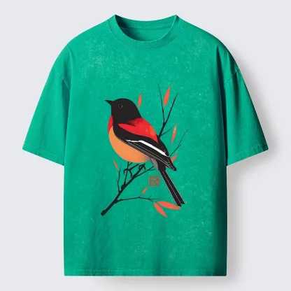 Tokyo‑Tiger Oriental Bird Graphic Washed T‑Shirt