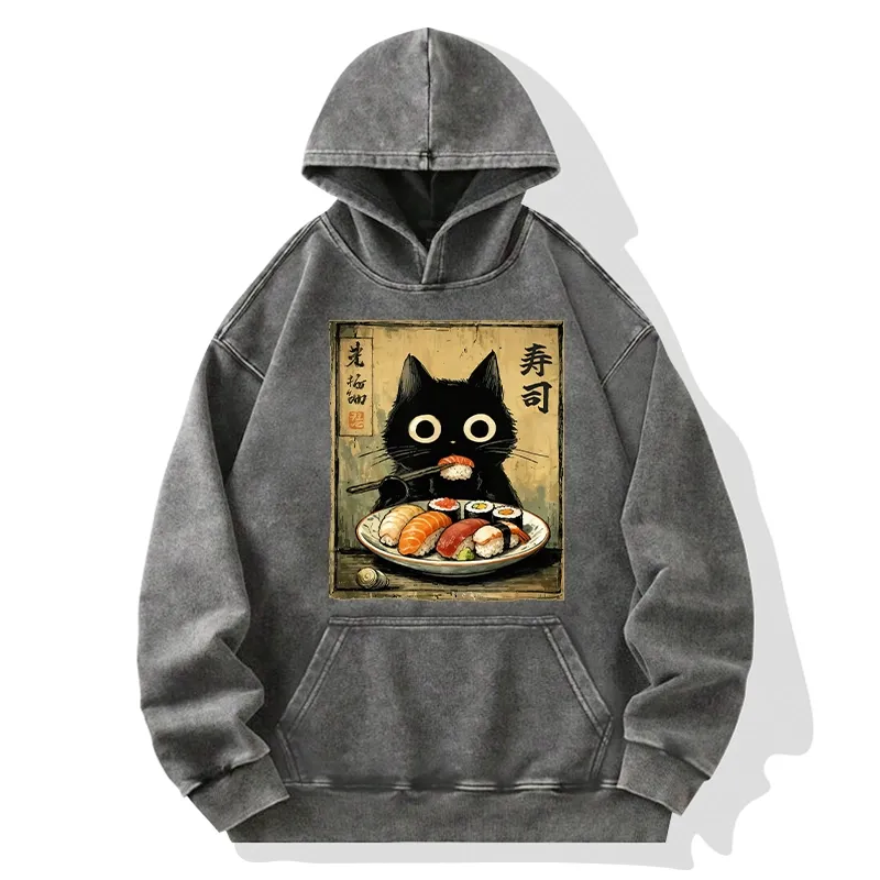 Tokyo-Tiger Vintage Japanese Sushi Cat Washed Hoodie