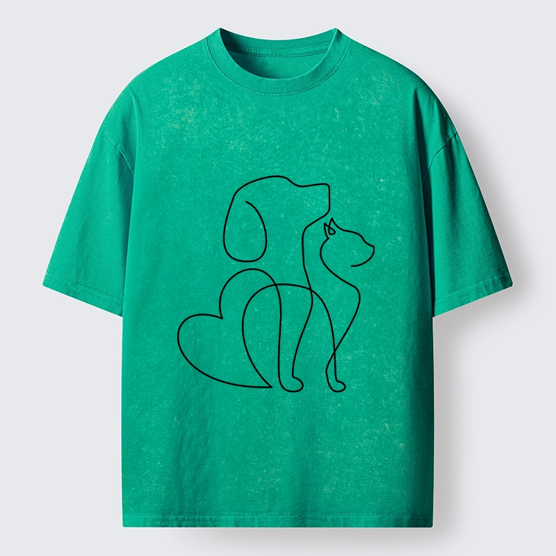 Tokyo-Tiger Cat Dog Love Line Art Washed T-Shirt