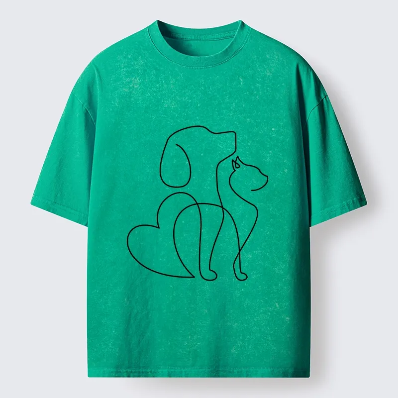 Tokyo-Tiger Cat Dog Love Line Art Washed T-Shirt