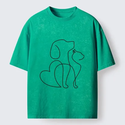 Tokyo-Tiger Cat Dog Love Line Art Washed T-Shirt