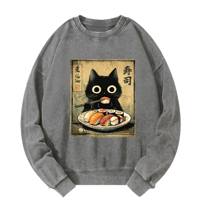 Tokyo-Tiger Vintage Japanese Sushi Cat Washed Sweatshirt