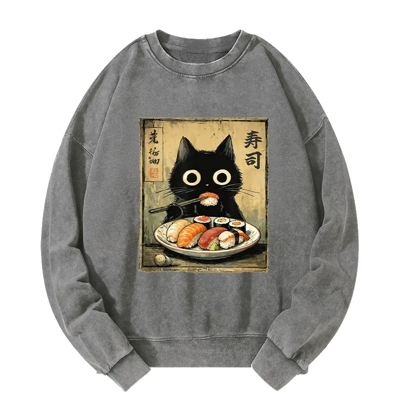 Tokyo-Tiger Vintage Japanese Sushi Cat Washed Sweatshirt