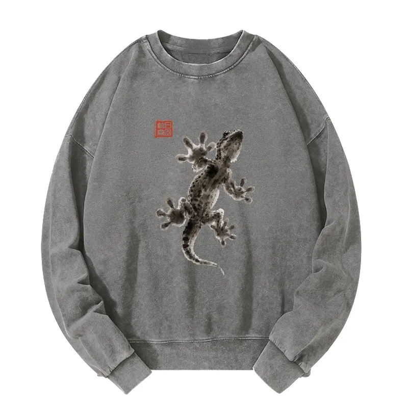 Tokyo-Tiger Minimal Asian Ink Brush Gecko Vibe Washed Sweatshirt