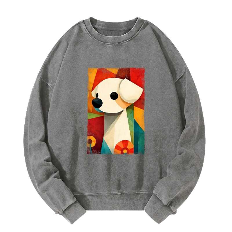 Tokyo-Tiger Retro Abstract Color Block Puppy Art Washed Sweatshirt
