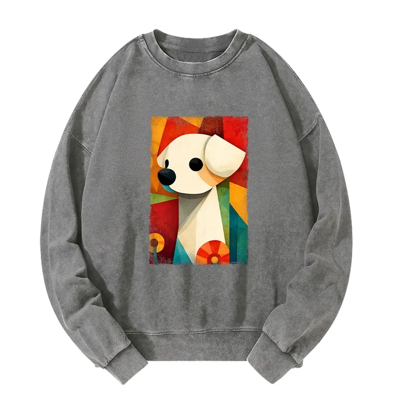 Tokyo-Tiger Retro Abstract Color Block Puppy Art Washed Sweatshirt